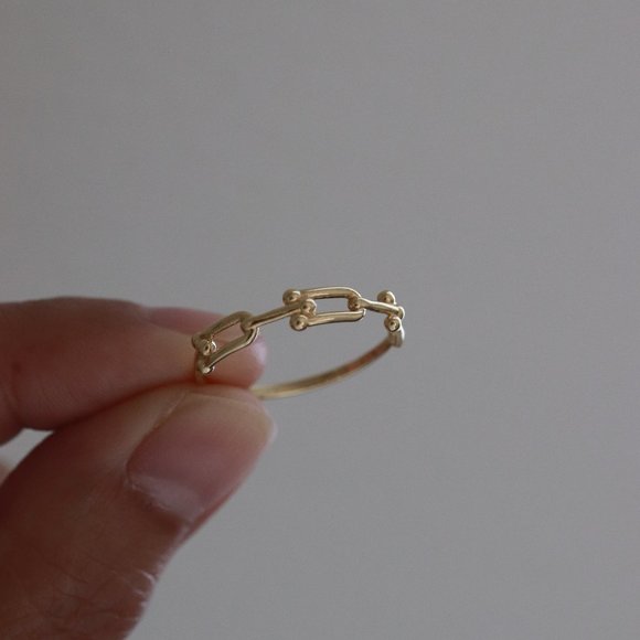 Size 6.5inches 1.33g Real Gold 18k Yellow Gold U-Bar 3 Hoops Link Ring Jewelry - Picture 9 of 12